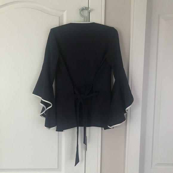 Zara Navy Blue Blazer Jacket Cardigan with White Stripe and Fancy sleeves XS - Picture 2 of 4